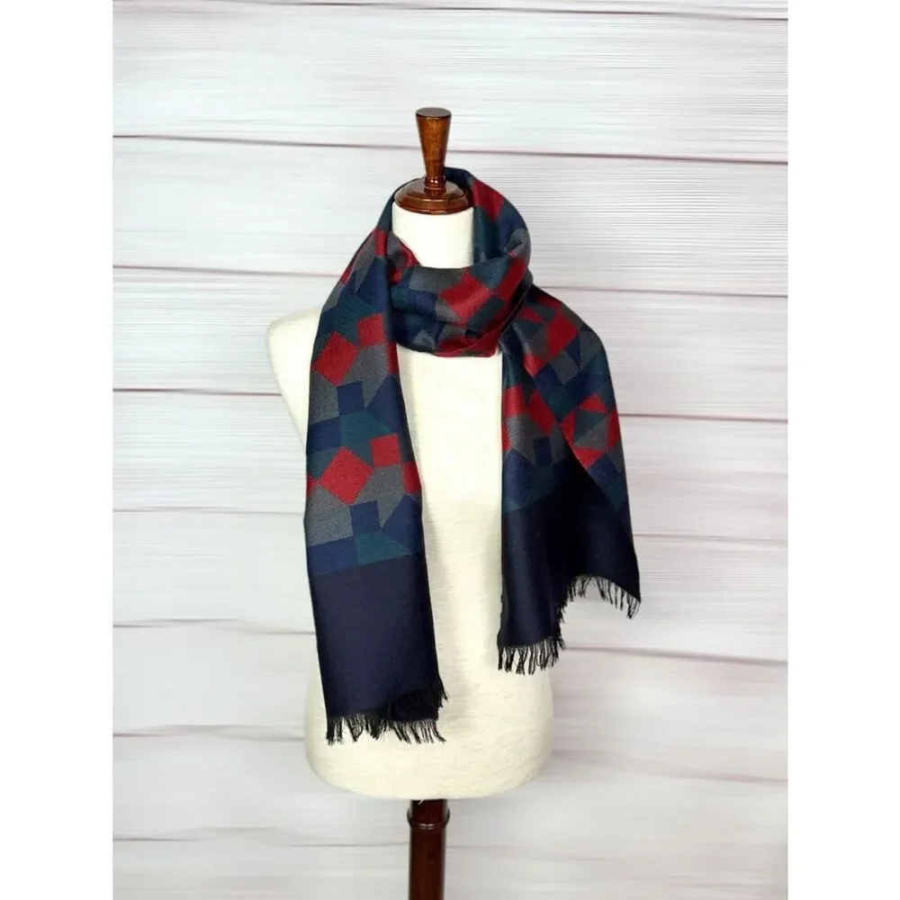 Vintage Wool Long Scarf Geometric Red Blue West Germany Men's Women's Winter